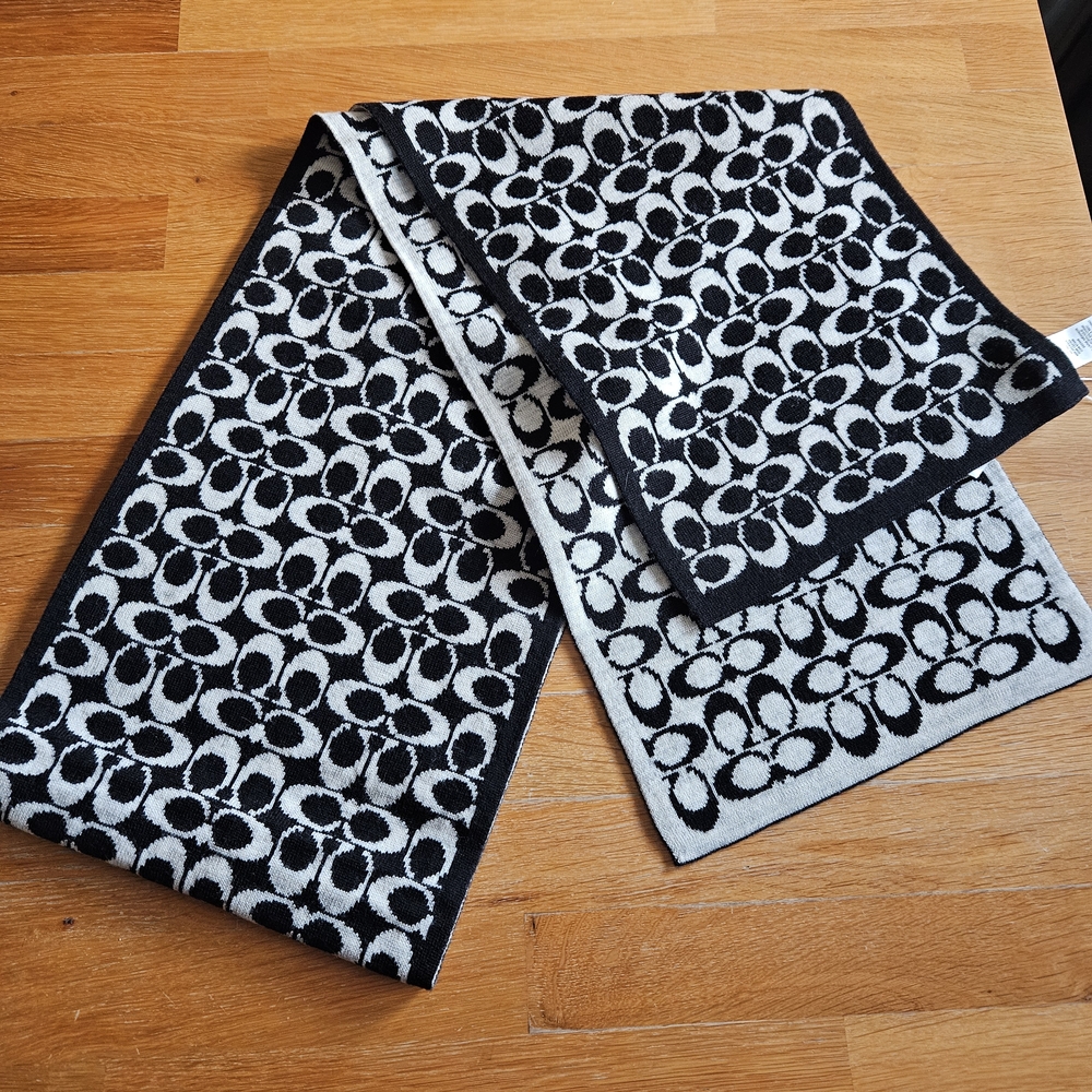 COACH Signature Black and White Reversible Merino Wool Blend Scarf